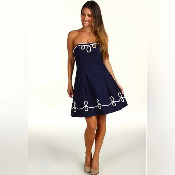 LILLY PULITZER Strapless Navy A-Line Dress with White Trim - Picture 2 of 13